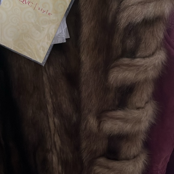 Vintage Dennis Basso Berry Burgundy Suede Coat Brown Faux Fur Medium - Picture 4 of 10